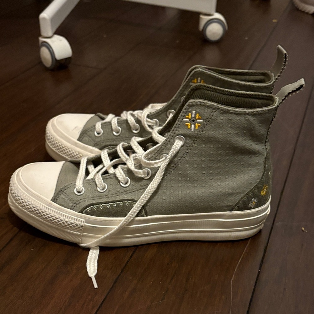 Converse Embroidered High Tops in Olive and White
